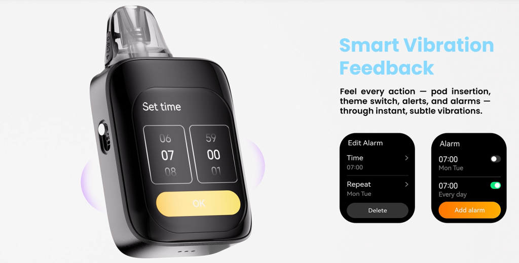 Touchscreen pod kit with safety, diagnostics, and smart protection features